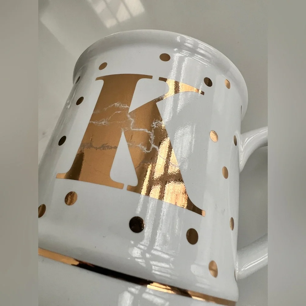 Pier 1 letter K coffee mug monogram white stoneware gold polka dots initial